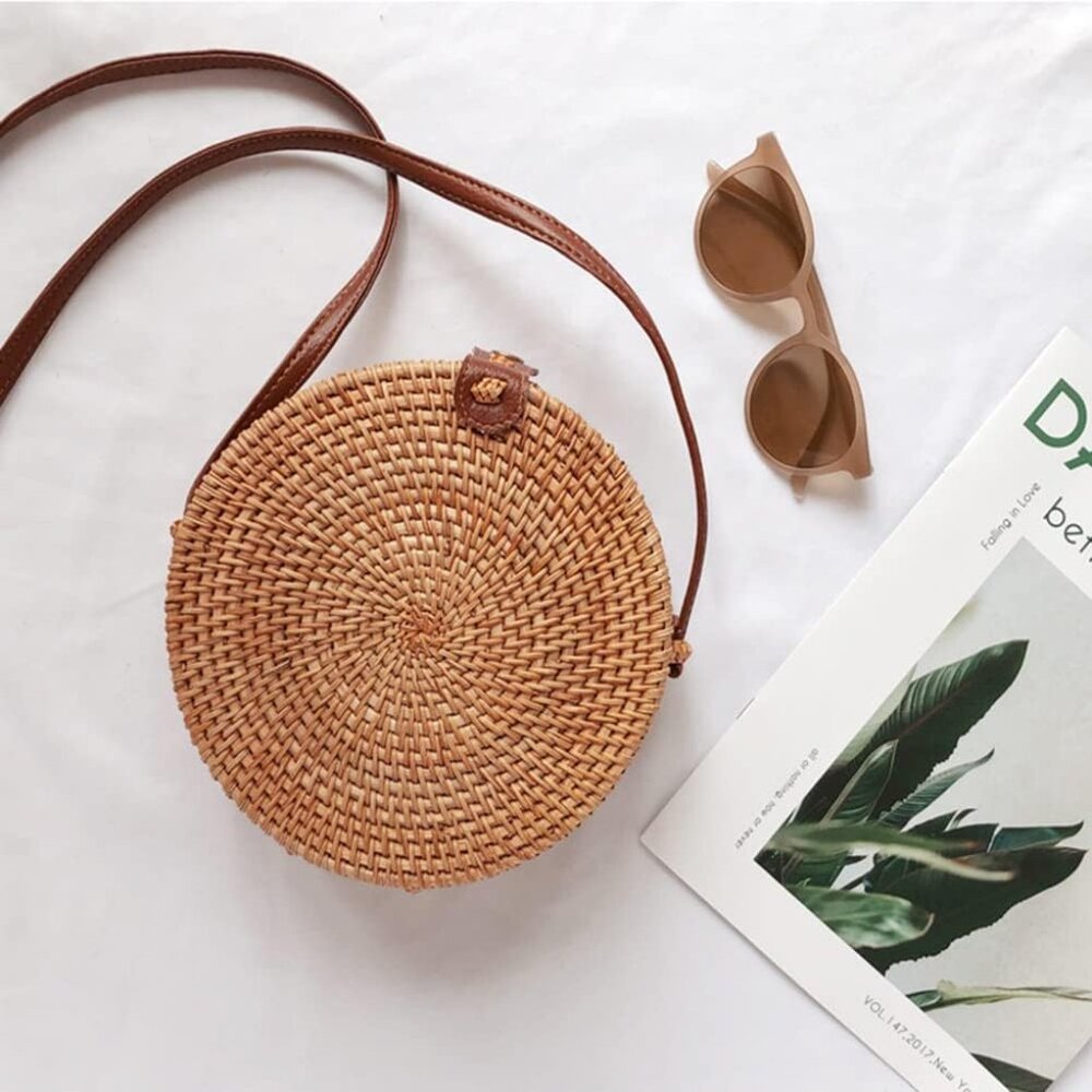 Handwoven Round Rattan Bag Women Beach Straw Crossbody Bag Chic Shoulder Bag wit - Picture 5 of 6